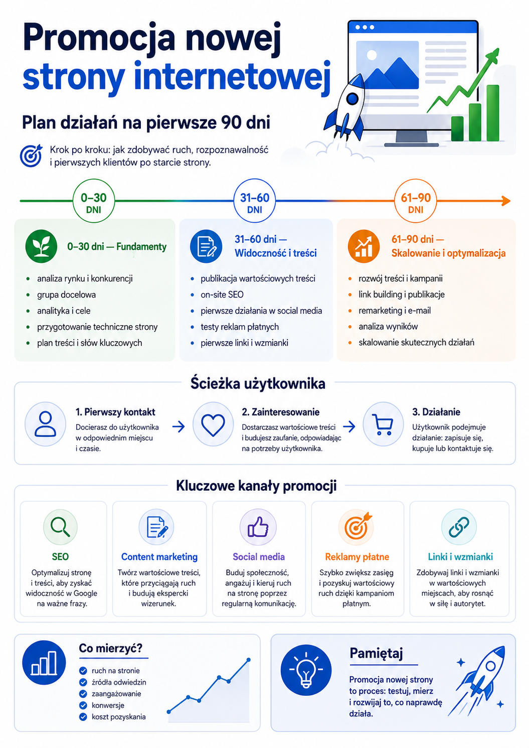 Plan promocji nowej strony internetowej na pierwsze 90 dni: SEO, content marketing, social media, reklamy, publikacje i analityka.